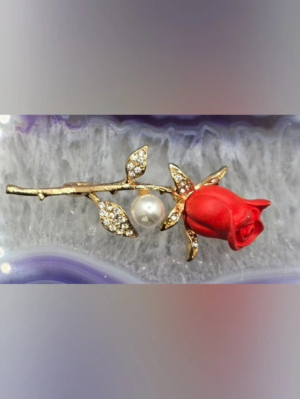 Red Rose Brooch w/ Faux Pearl & Glass Crystals Modern 2½
